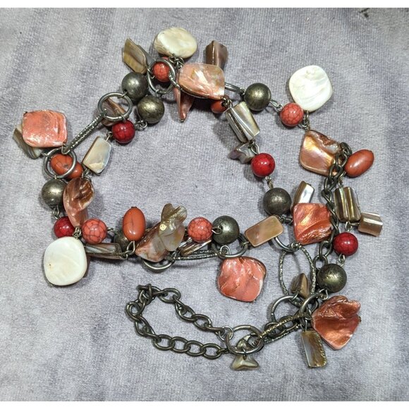 Vintage Mermaidcore Metal, Stone, And Pink Shell Chip Beaded Necklace - Picture 5 of 7